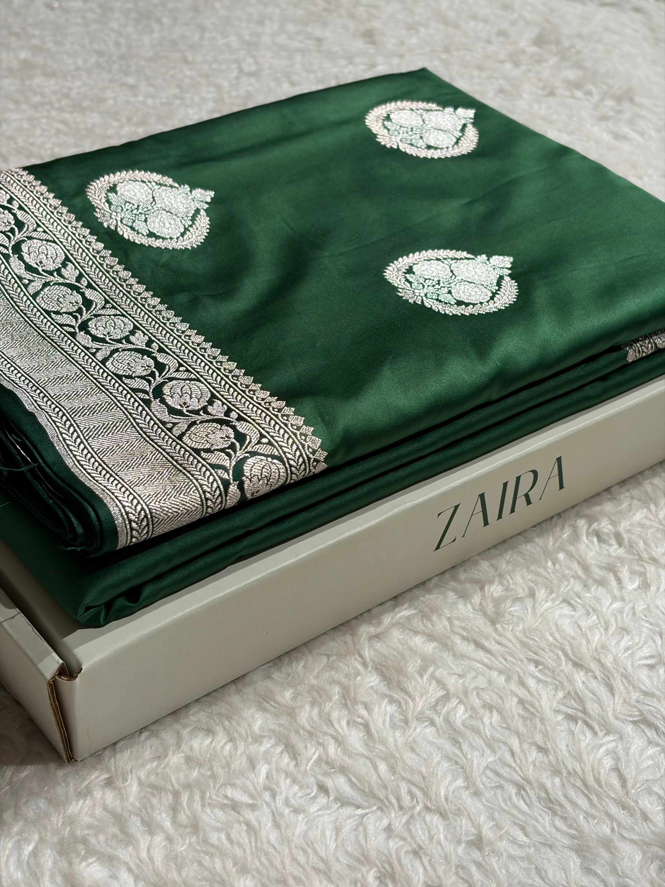 Contrast Bottle Green Minakari Boota Mashru Silk Saree MS35
