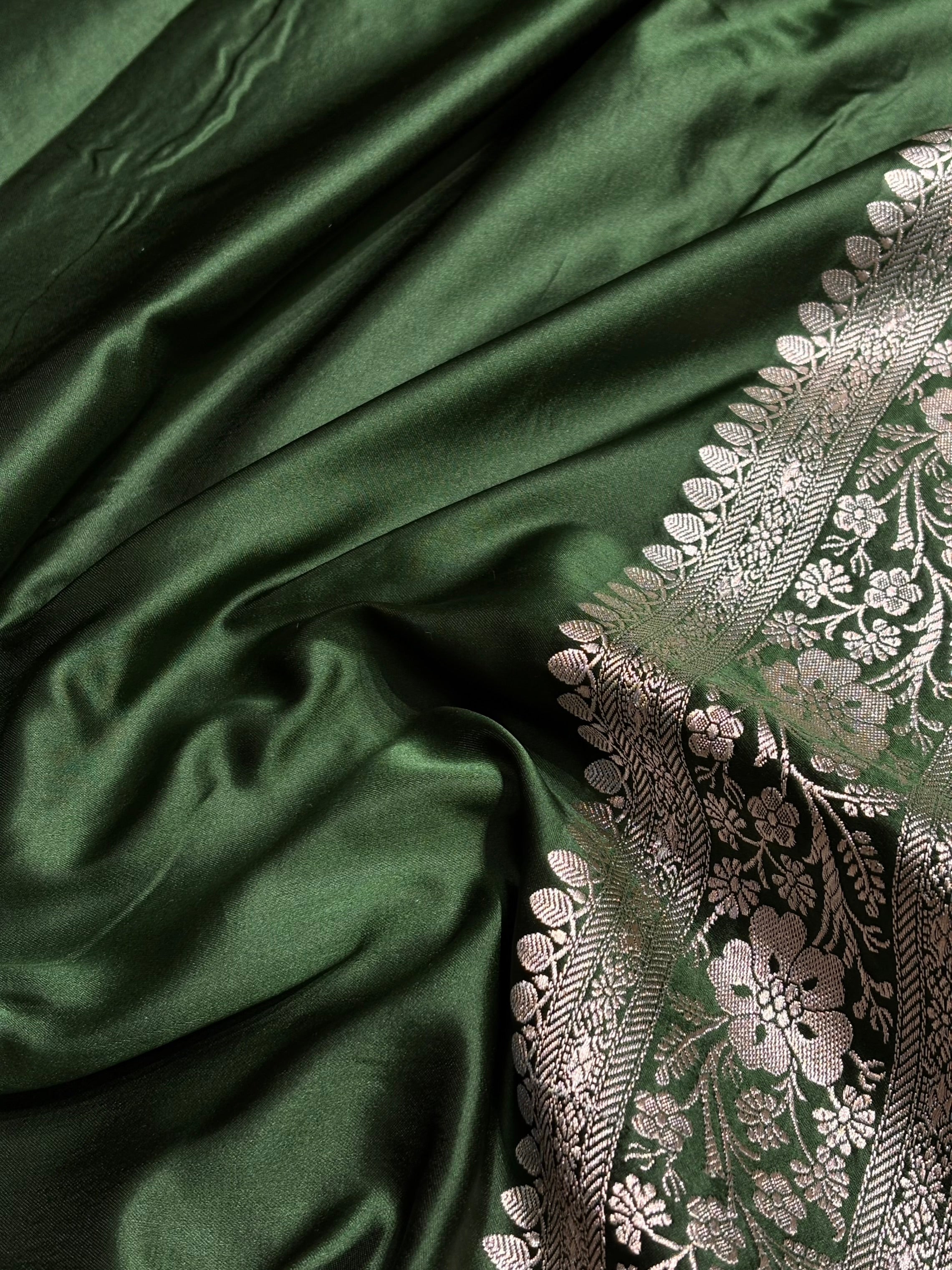 Bottle Green Floral Jaal Mashru Silk Saree