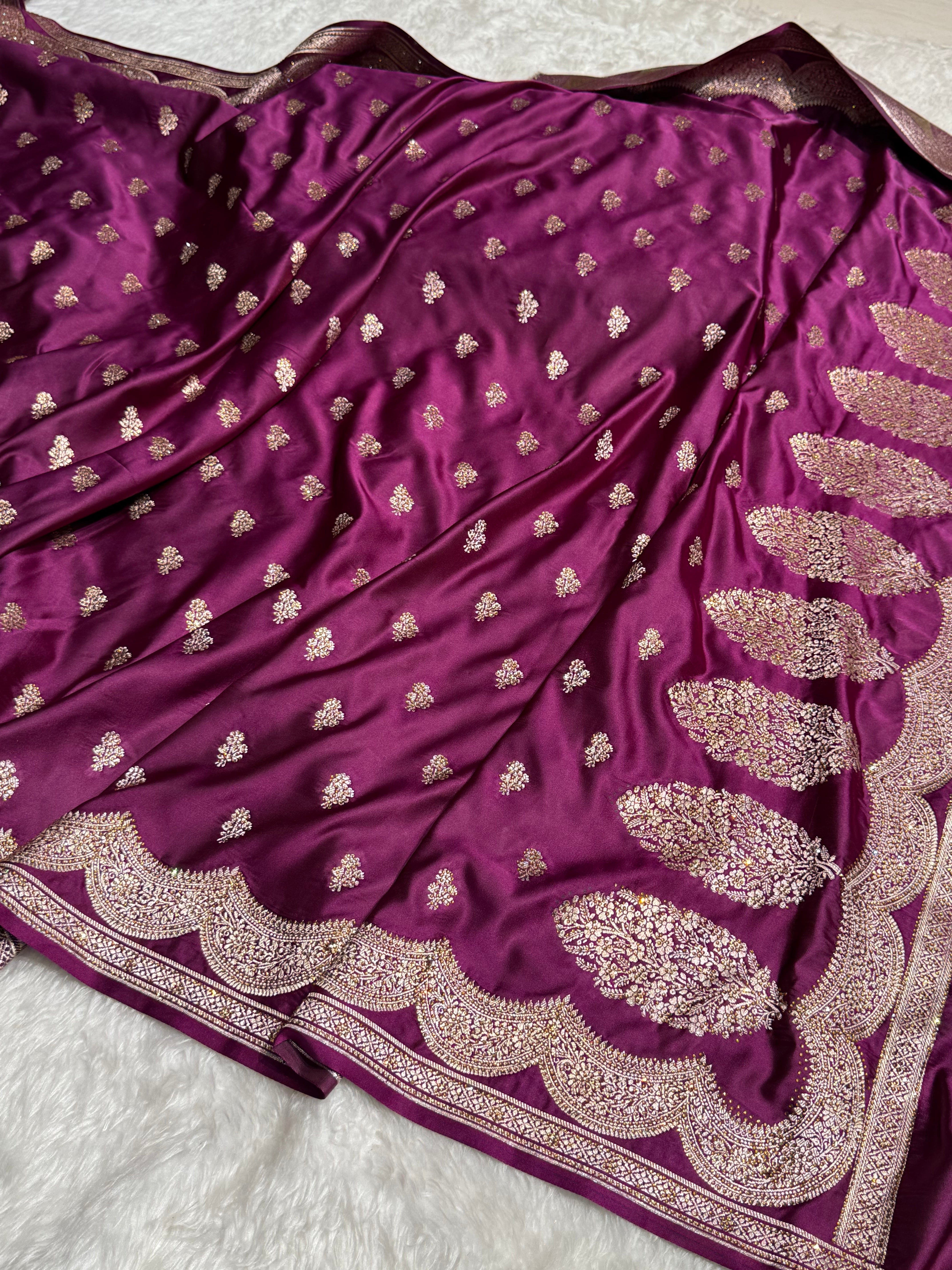 Purple Wine Scallop Mashru Silk with Swarovski work