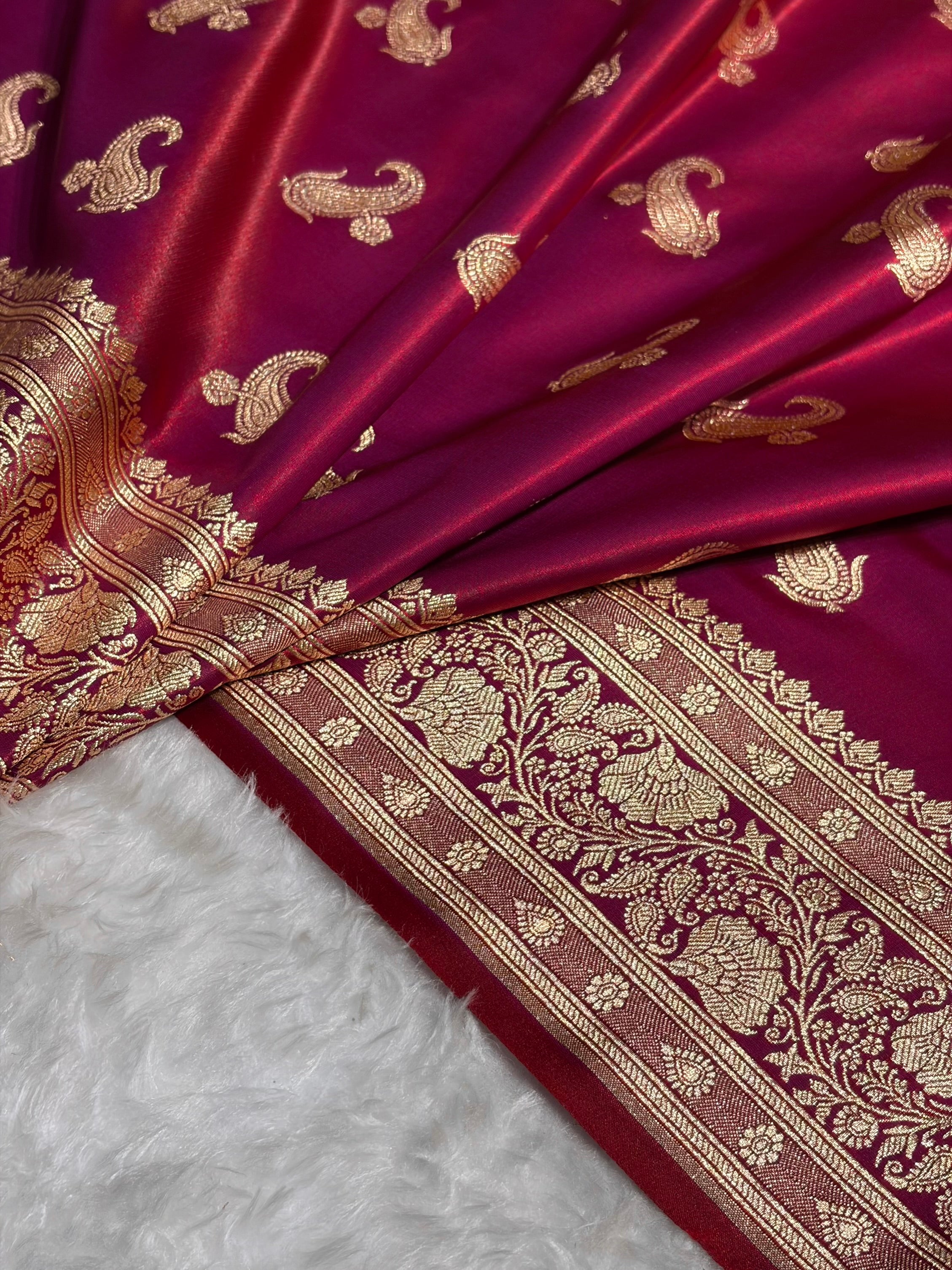 Satin Silk Saree Floral Boota in Reddish Purple Shades SS27