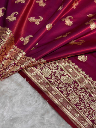 Satin Silk Saree Floral Boota in Reddish Magenta Shades SS27