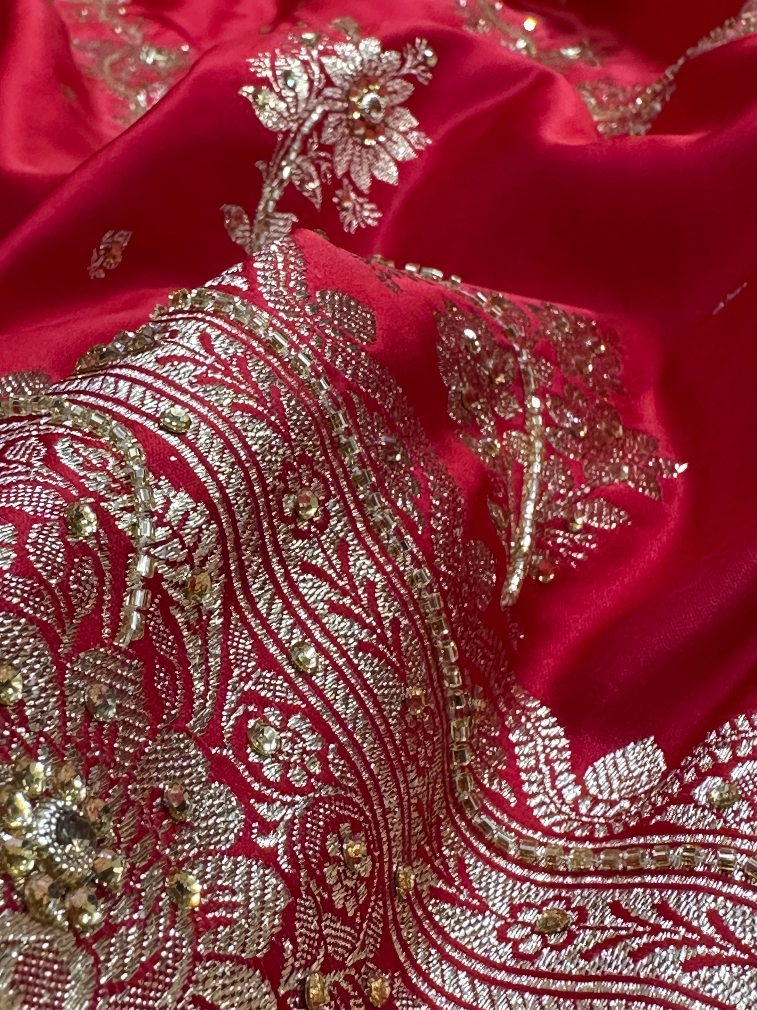 Red and Rani Cross Katan Silk Saree with Ari and Stone Work