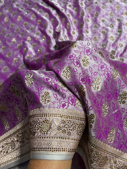 Banarasi Lavender Shades Tanchoi Motif With Swarovski Work Mashru Silk Saree BMST-10