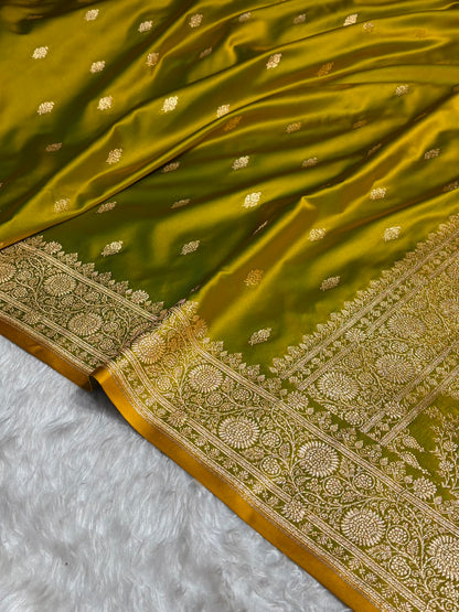 Banarasi Satin Katan Saree in Liril Mehendi Shades SK82