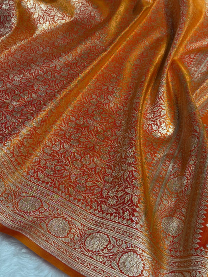 Fire Gold Shades Brocket Satin Silk Saree Banarasi Saree Shades SS30