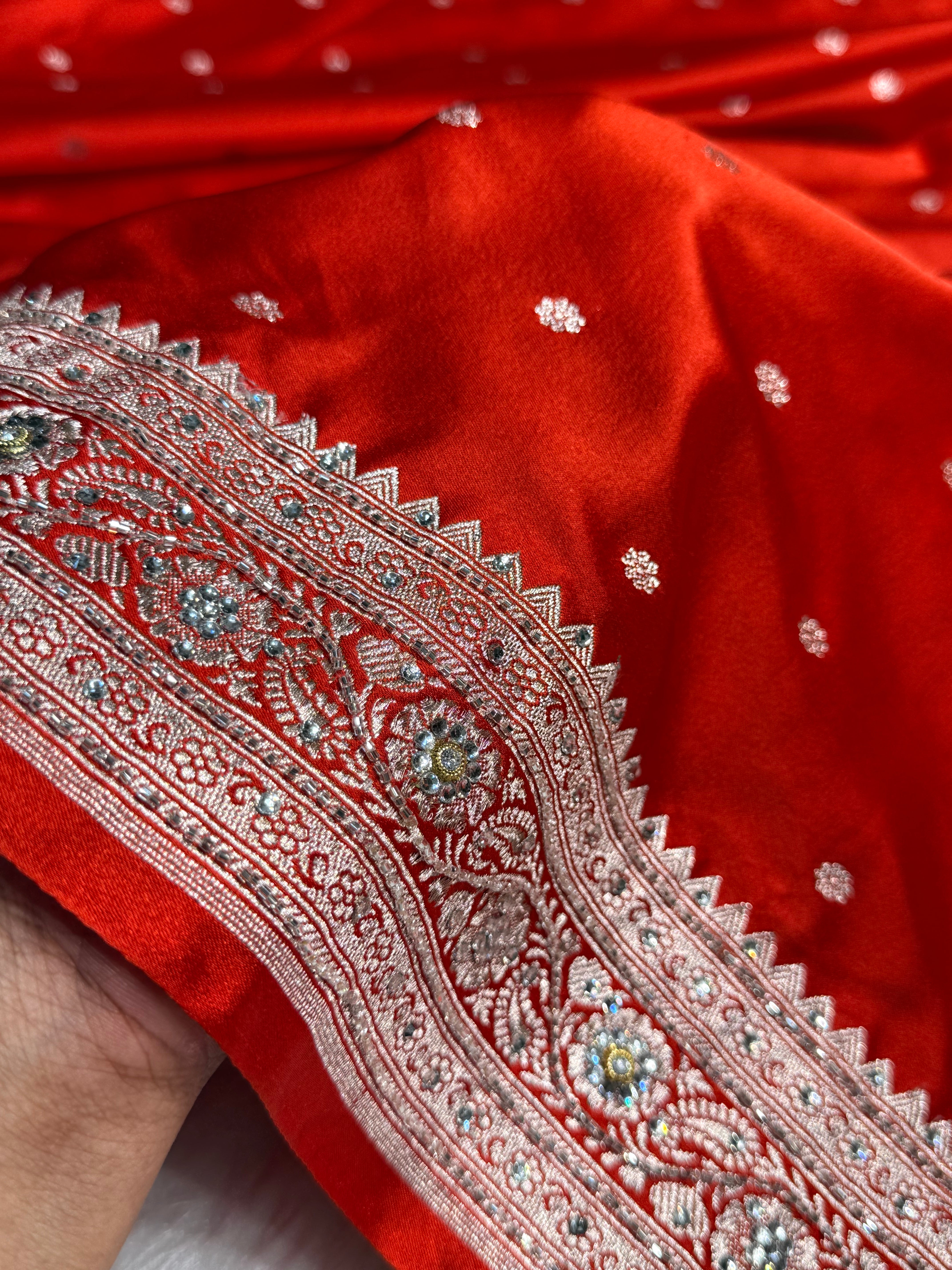 Bridal Rusty Orange Booti Mashru Silk Saree with Ari and Stone Work