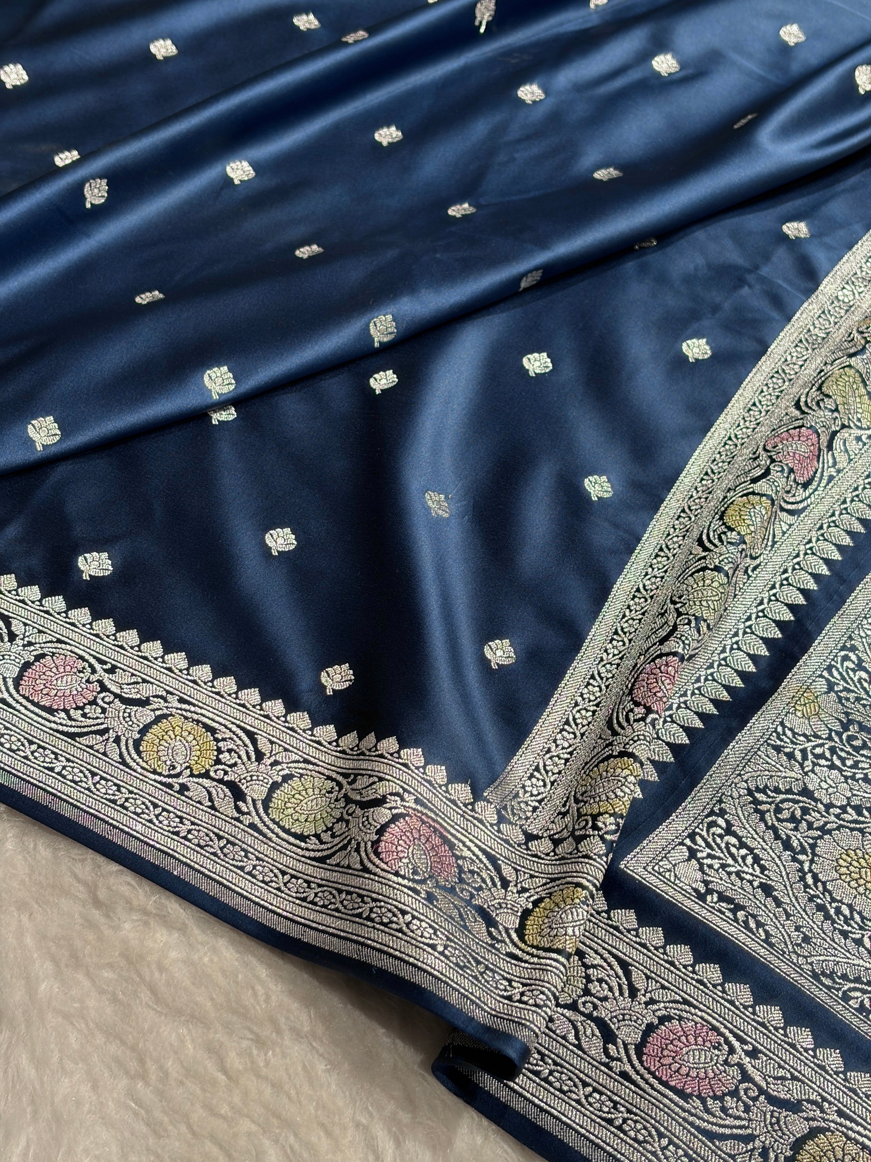 Banarasi Dark German Blue Booti Mashru Silk Saree MS10