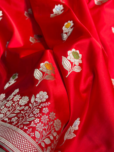 Premium Banarasi Satin Katan Saree With Minakari Boota in Red Shades SK94