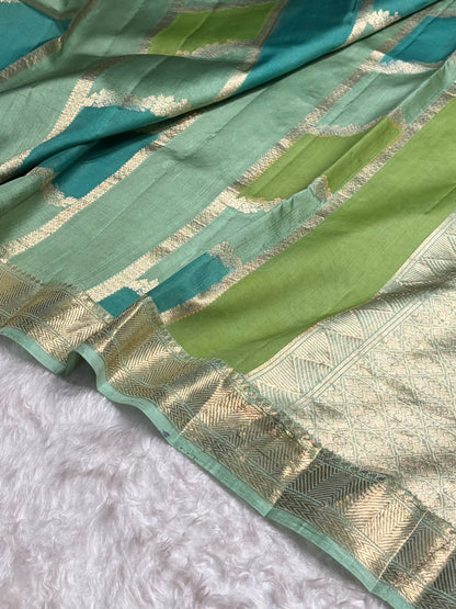 Banarasi Pista Green Rangkat Shades Handwoven Pure Paper Silk  RM-67