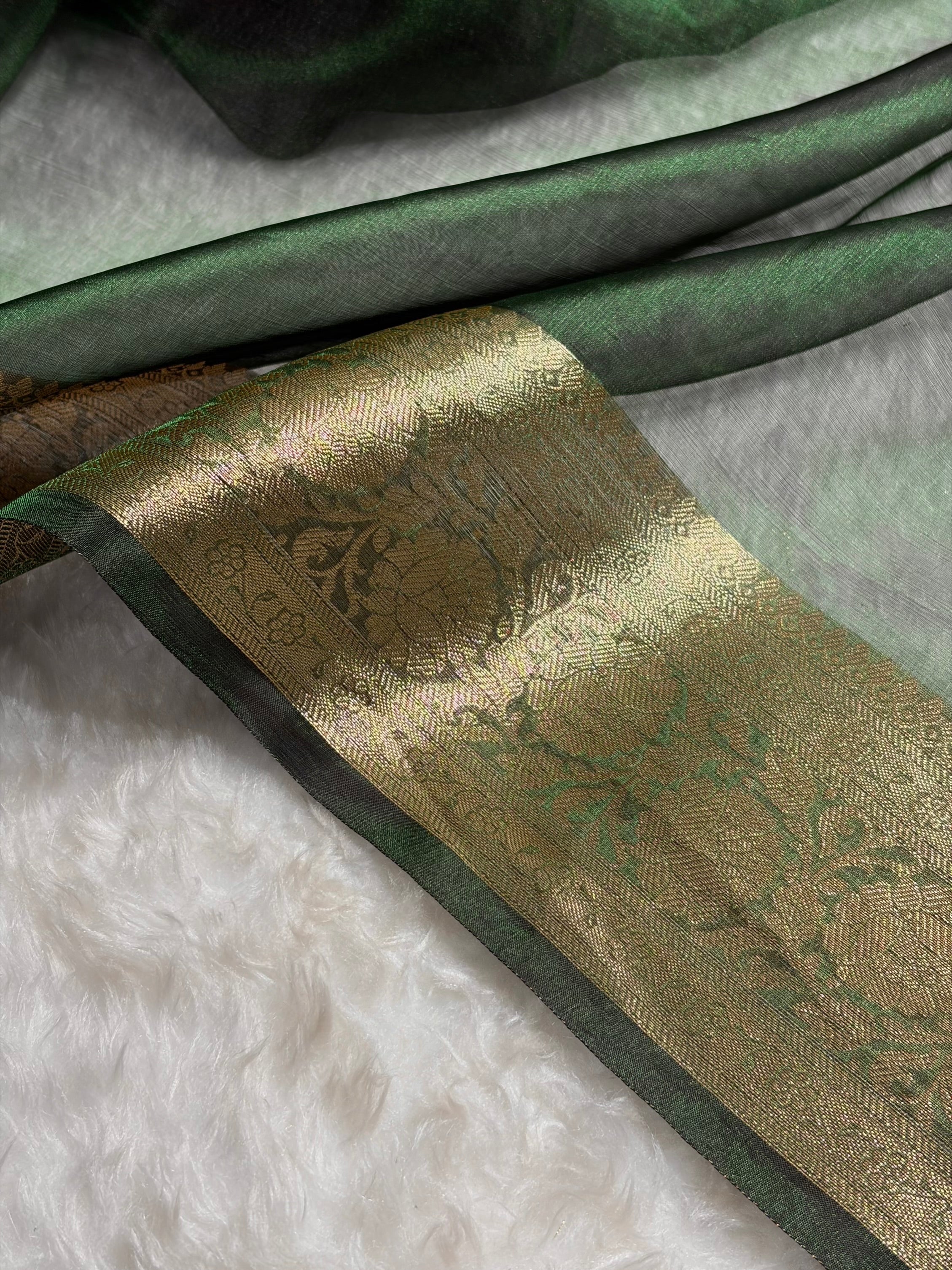 Bottle Green Shade Pure Tissue Silk Saree with Brocade Blouse PT-18