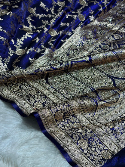 Satin Silk Banarasi Jaal in Royal Blue Shades with Work BSS14