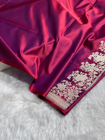 Reddish Magenta Shades Banarasi With Floral Border Mashru Silk Saree MSM-113