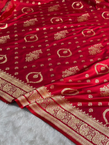 Banarasi Satin Katan Saree With Unique Boota in Red Shades SK92