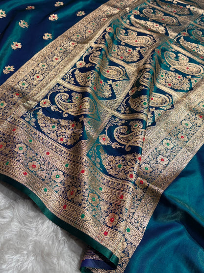 Peacock Shades Minakari Boota Pattern Banarasi Satin Silk Saree SS44