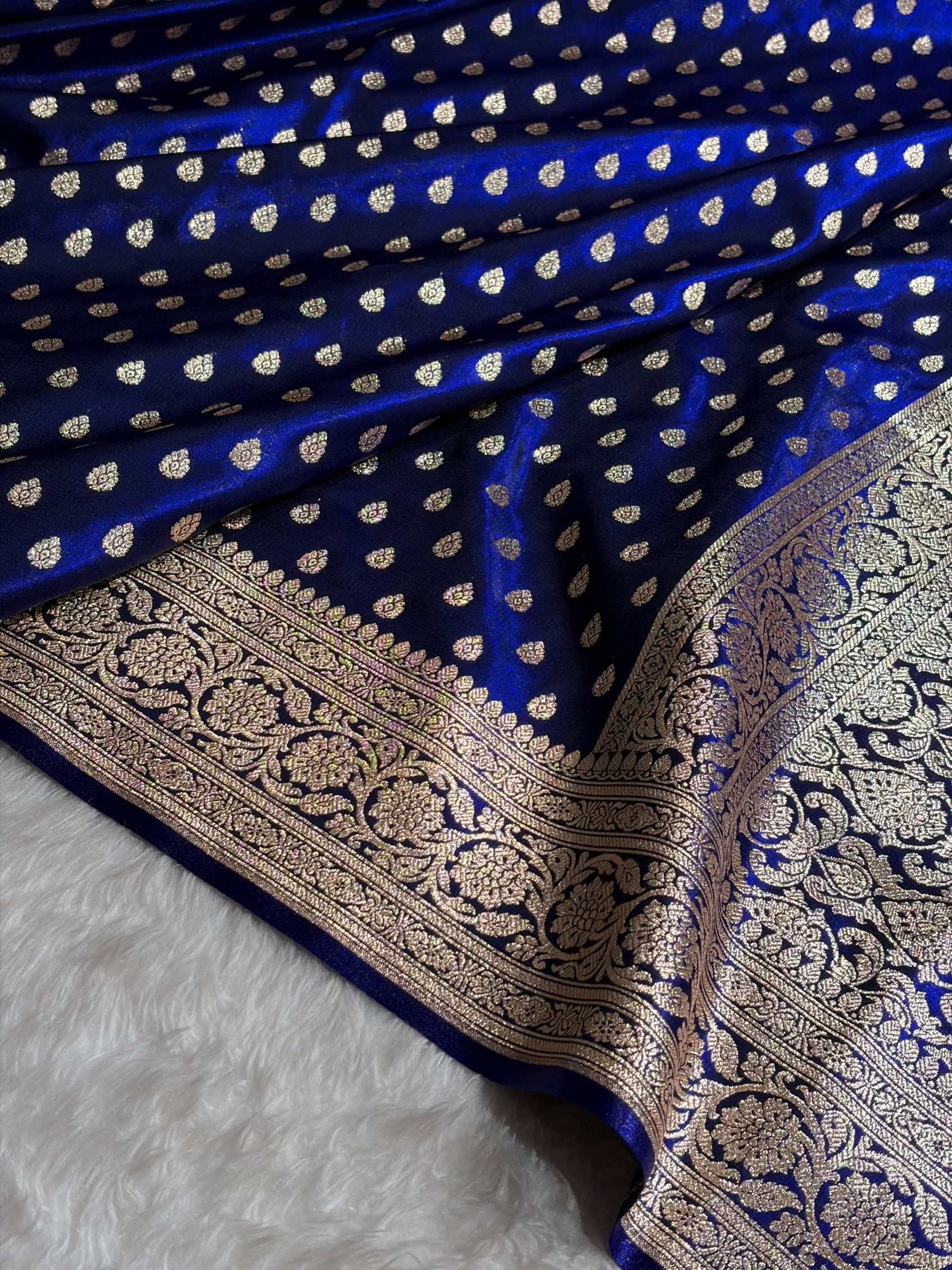 Dark Royal Blue Booti satin Silk Saree SS01