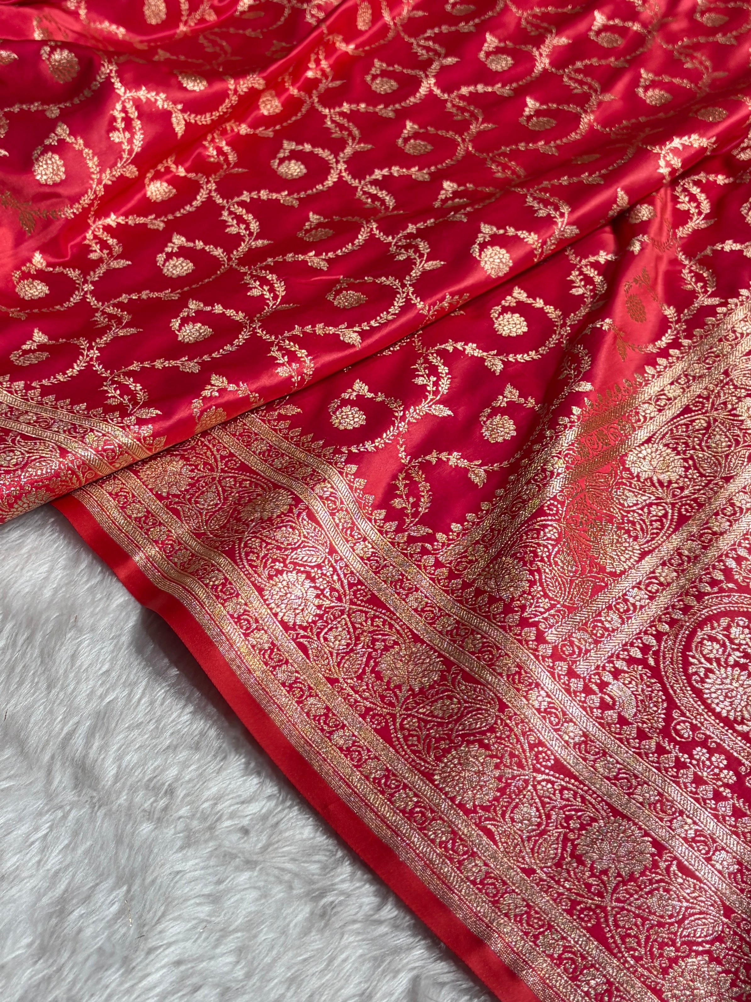 Cross Peach Shades Floral Jaal Pattern Satin Katan Silk saree SK55