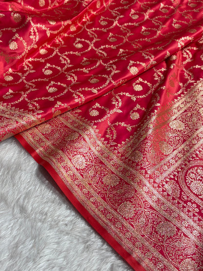 Cross Peach Shades Floral Jaal Pattern Satin Katan Silk saree SK55