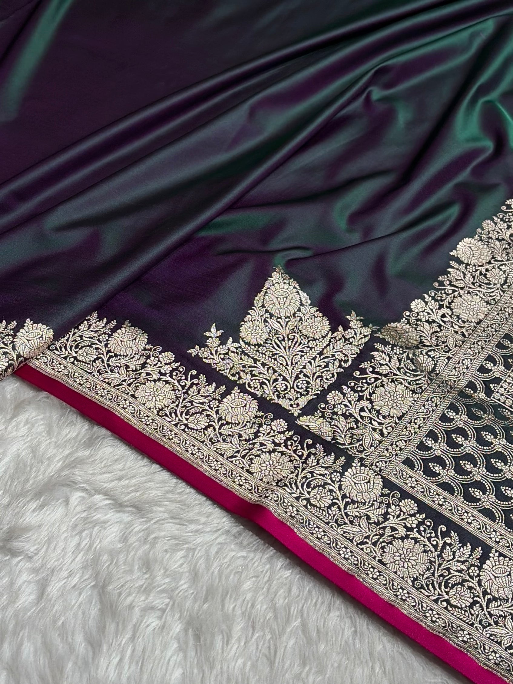 Cross Peacock Shade With Booti Pattern Mashru Silk Saree