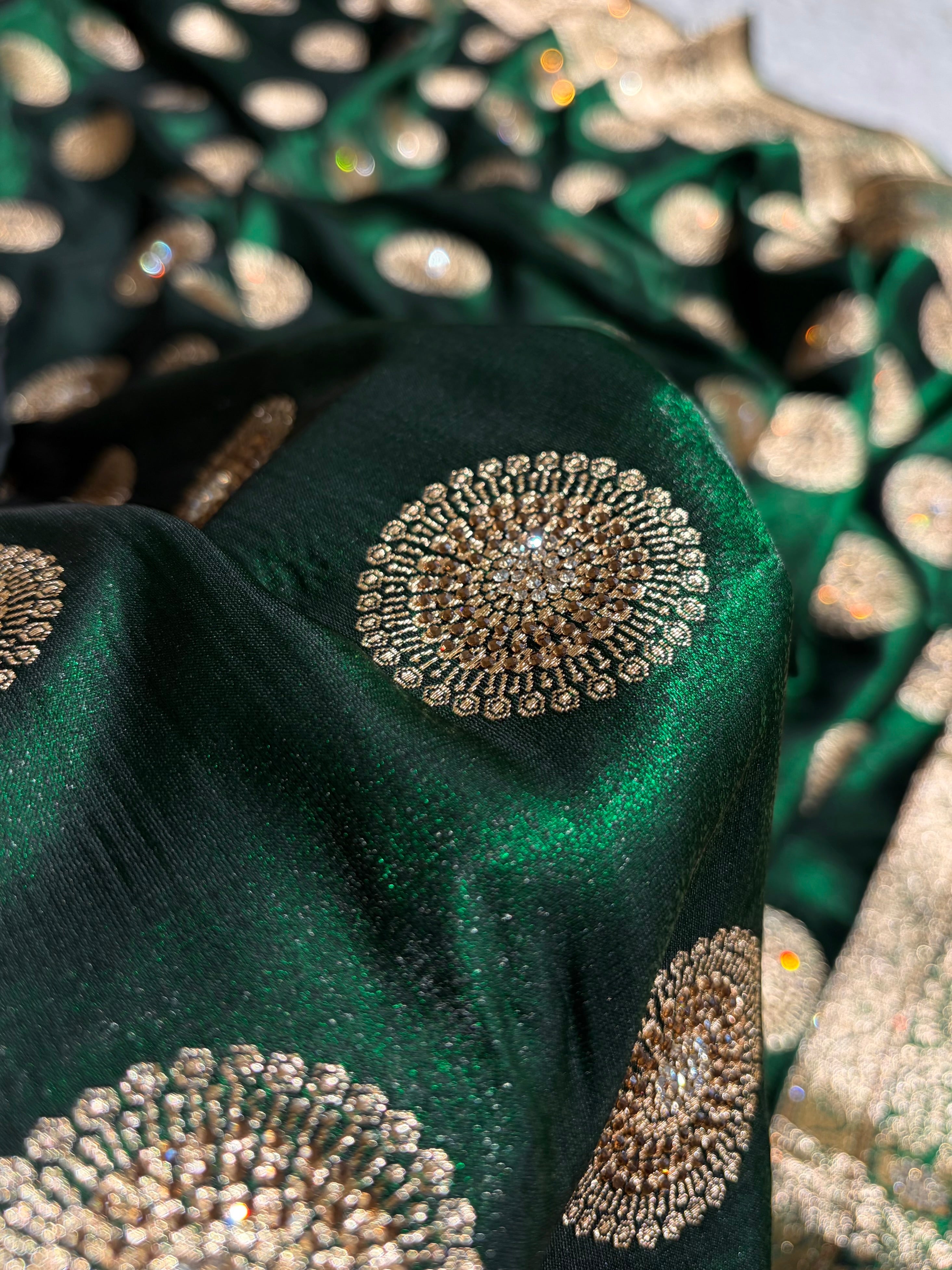 Bottle Green Shades Banarasi With Swarovski Stone Work Satin Silk Saree BSS33