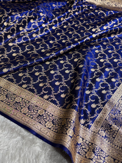 Royal Blue Shades Jaal Pattern Banarasi Satin Silk Saree SS43