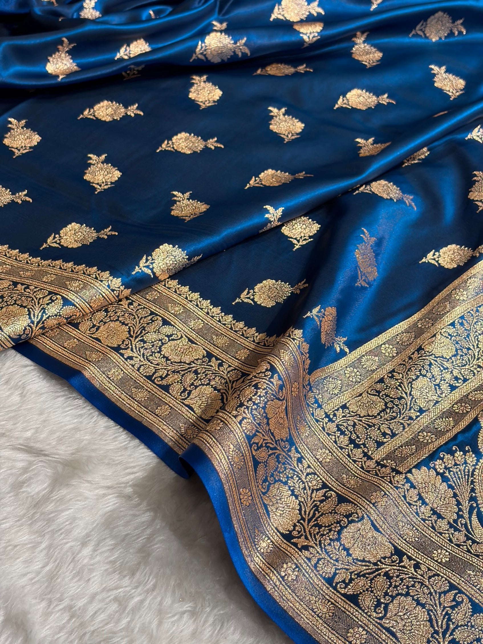 Satin Silk Saree Floral Boota in German Blue Shades SS26