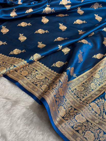Satin Silk Saree Floral Boota in German Blue Shades SS26