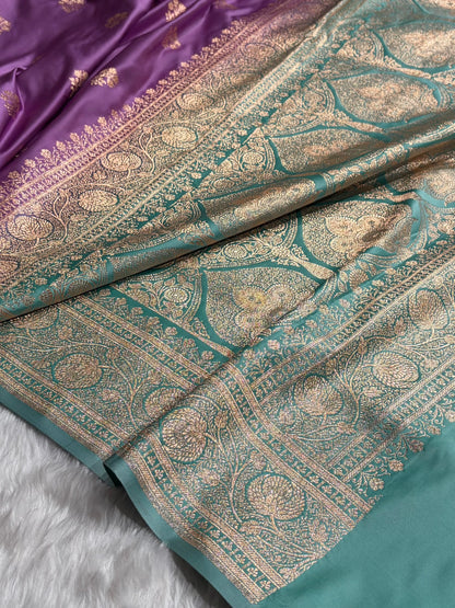 Lavender- Sea Green Banarasi Boota Katan Silk Saree SKM29