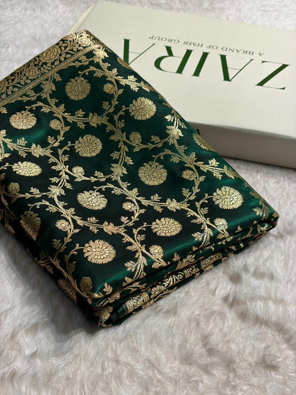 Banarasi Light Weight Dark Bottle Green shades Satin Silk Saree SS15