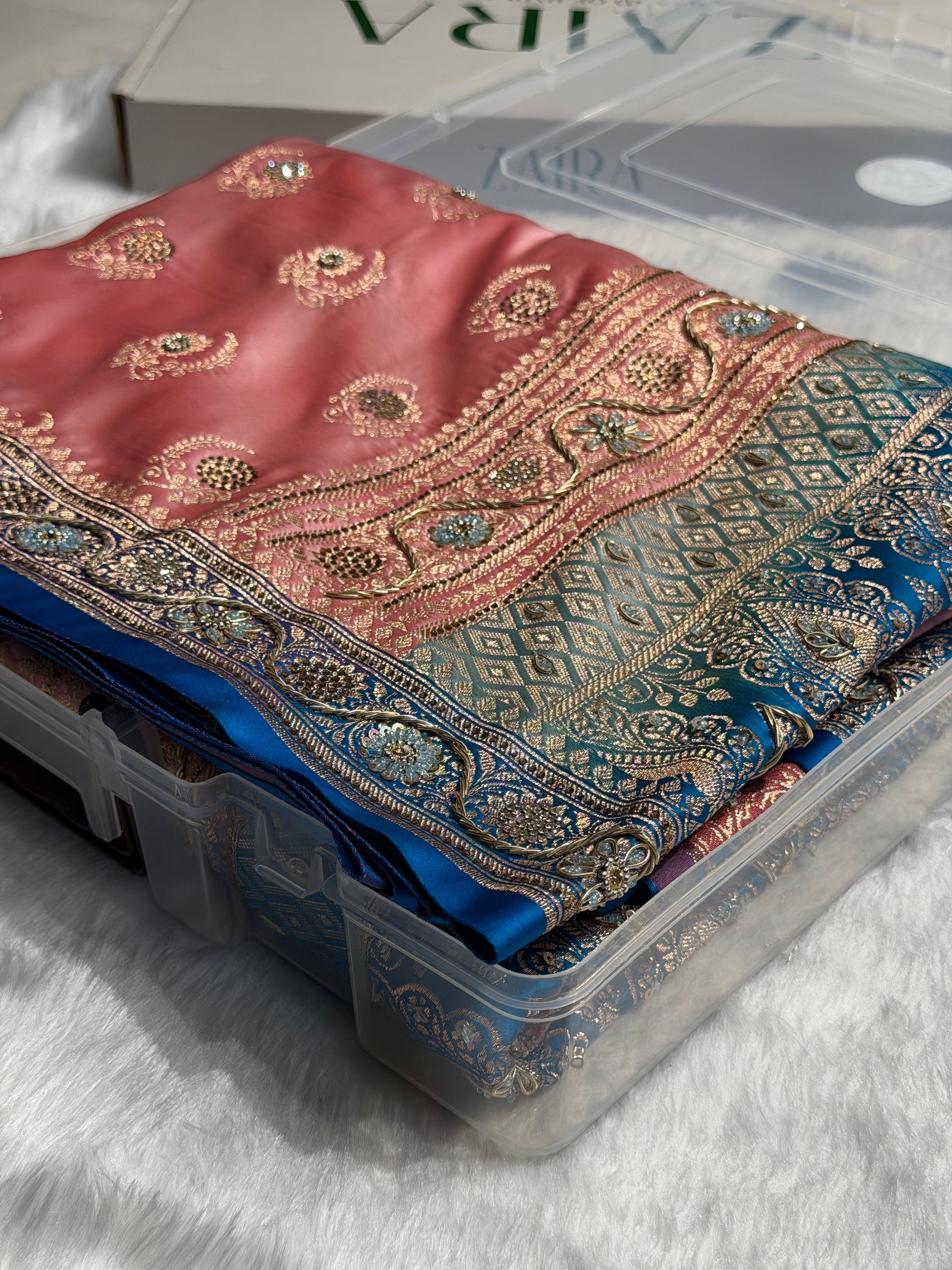 Light Pink with Blue Contrast Floral Boota With Swarovski & Zardozi Work Satin Katan Silk saree BSK27