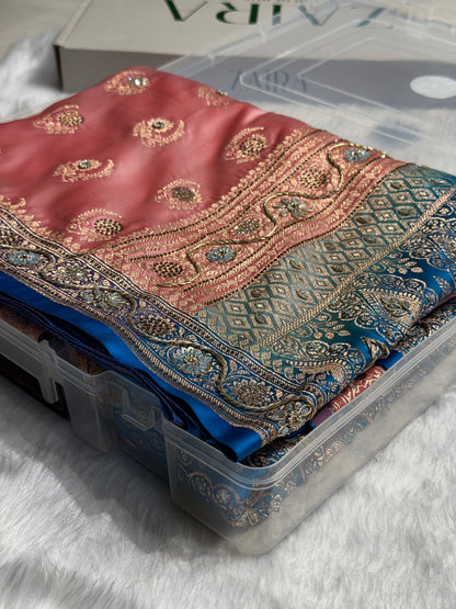 Light Pink with Blue Contrast Floral Boota With Swarovski & Zardozi Work Satin Katan Silk saree BSK27