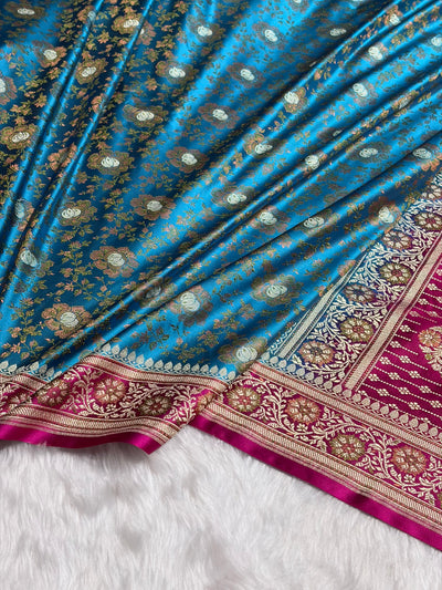 Firozi  - Rani Contrast Jamawar Tanchoi Jaal Katan Silk Saree SKTM-21