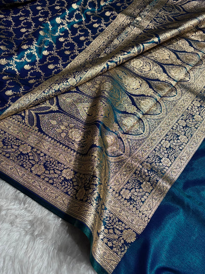 Peacock Shades Jaal Pattern Banarasi Satin Silk Saree SS43
