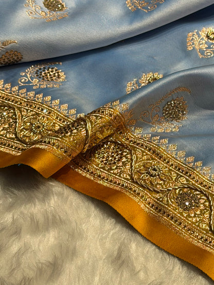 Sky Blue with Mustard Floral Boota With Swarovski & Zardozi Work Satin Katan Silk saree BSK27