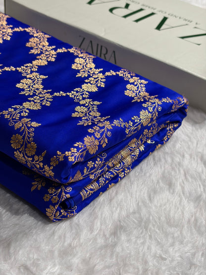 Banarasi Royal Blue Shade Floral Jaal Pattern Satin Katan Silk Saree SK43