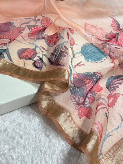 Light Peach Organza with Pastel Multicolor Florals & Gold Zari Border POP07