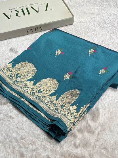 Peacock Blue Shades Minakari Handwoven Pure Raw Mango Silk RM-54