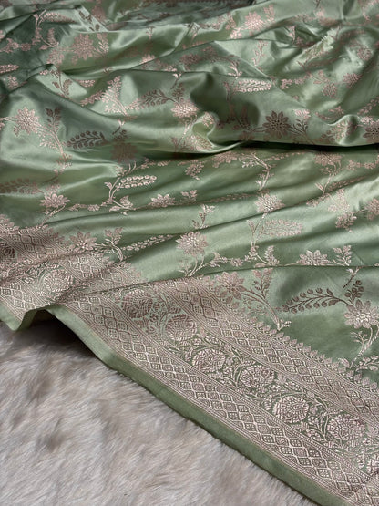 Light Pista Banarasi Jaal Mashru Silk Saree MS23