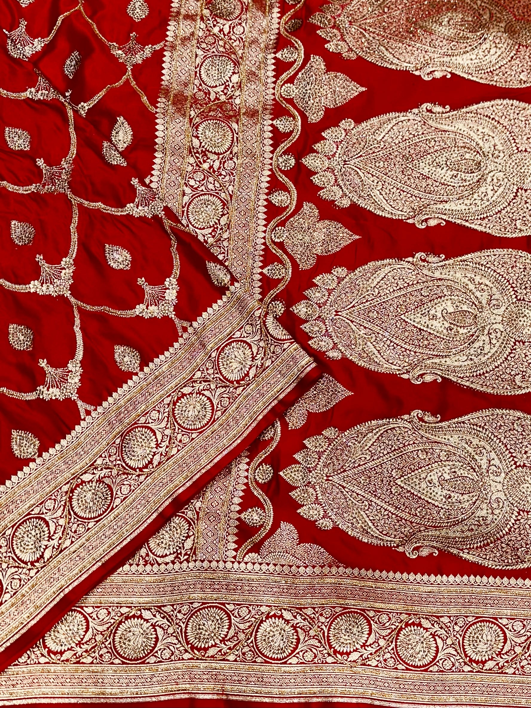 Red Mashru Silk with Ari and Stone