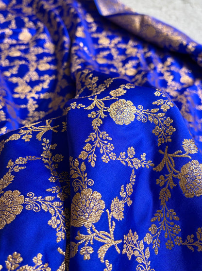 Royal Blue Shades Jaal Floral Pattern Satin Katan Silk Saree SK80