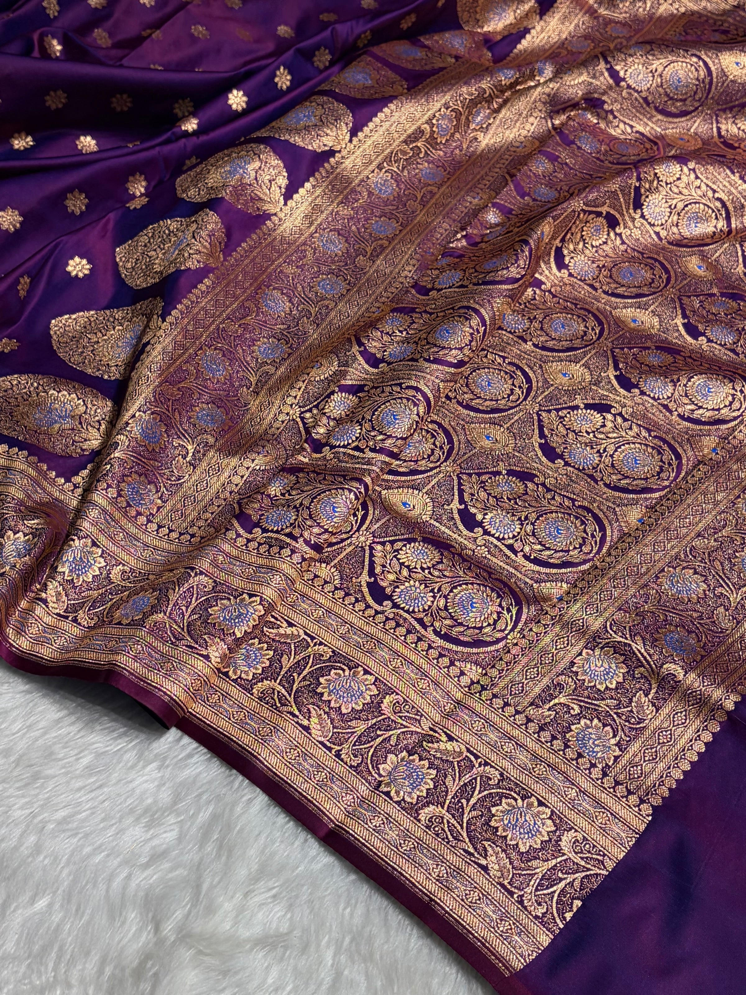 Cross Purple Booti Katan Silk saree