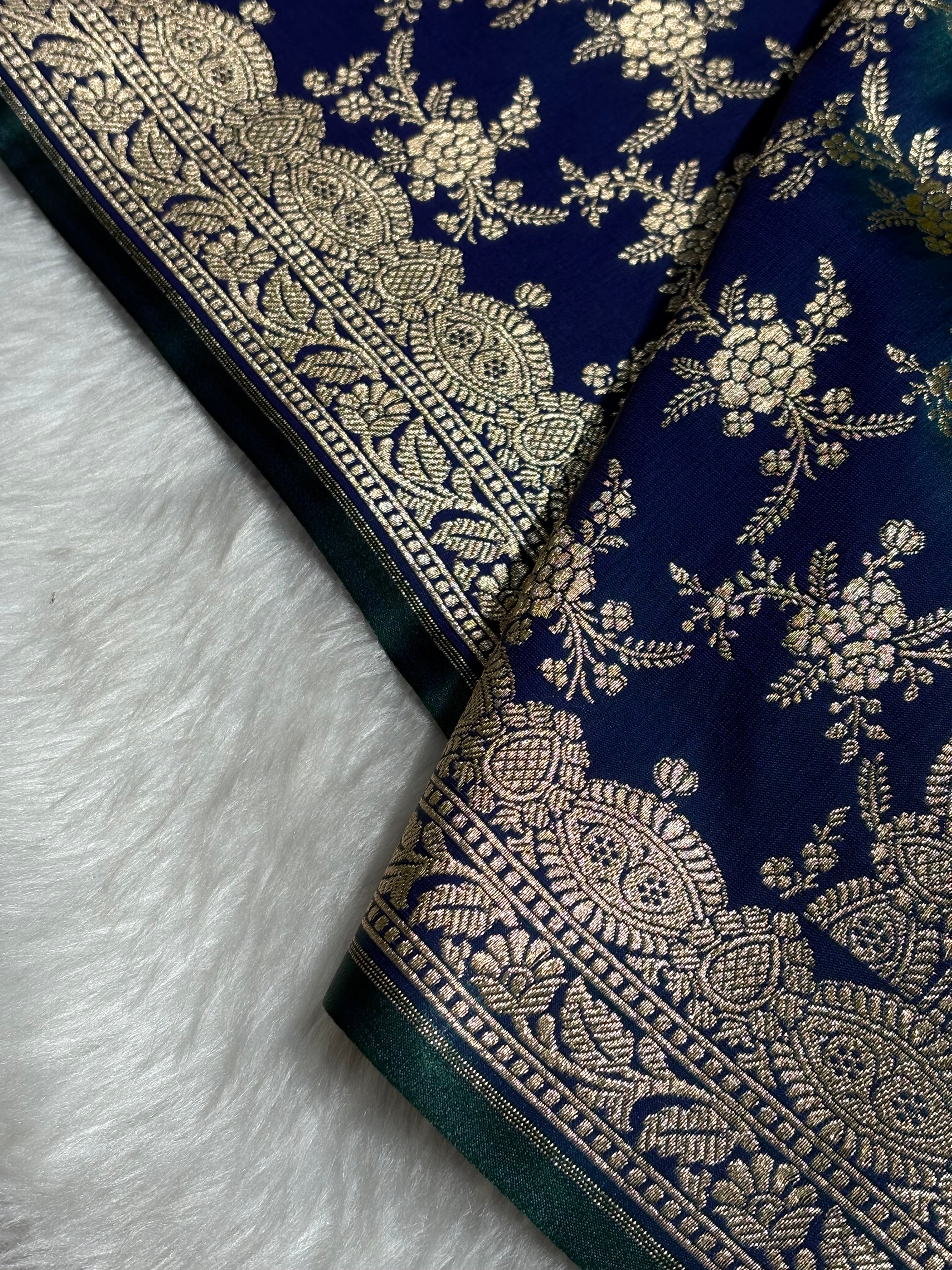 Light Wight Satin Silk Jaal in Peacock Shades with brocade Blouse SS16