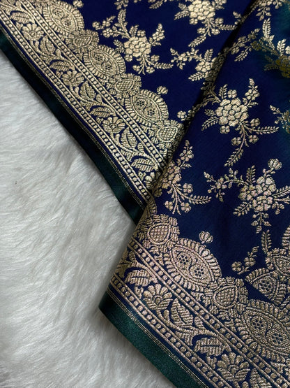 Light Wight Satin Silk Jaal in Peacock Shades with brocade Blouse SS16
