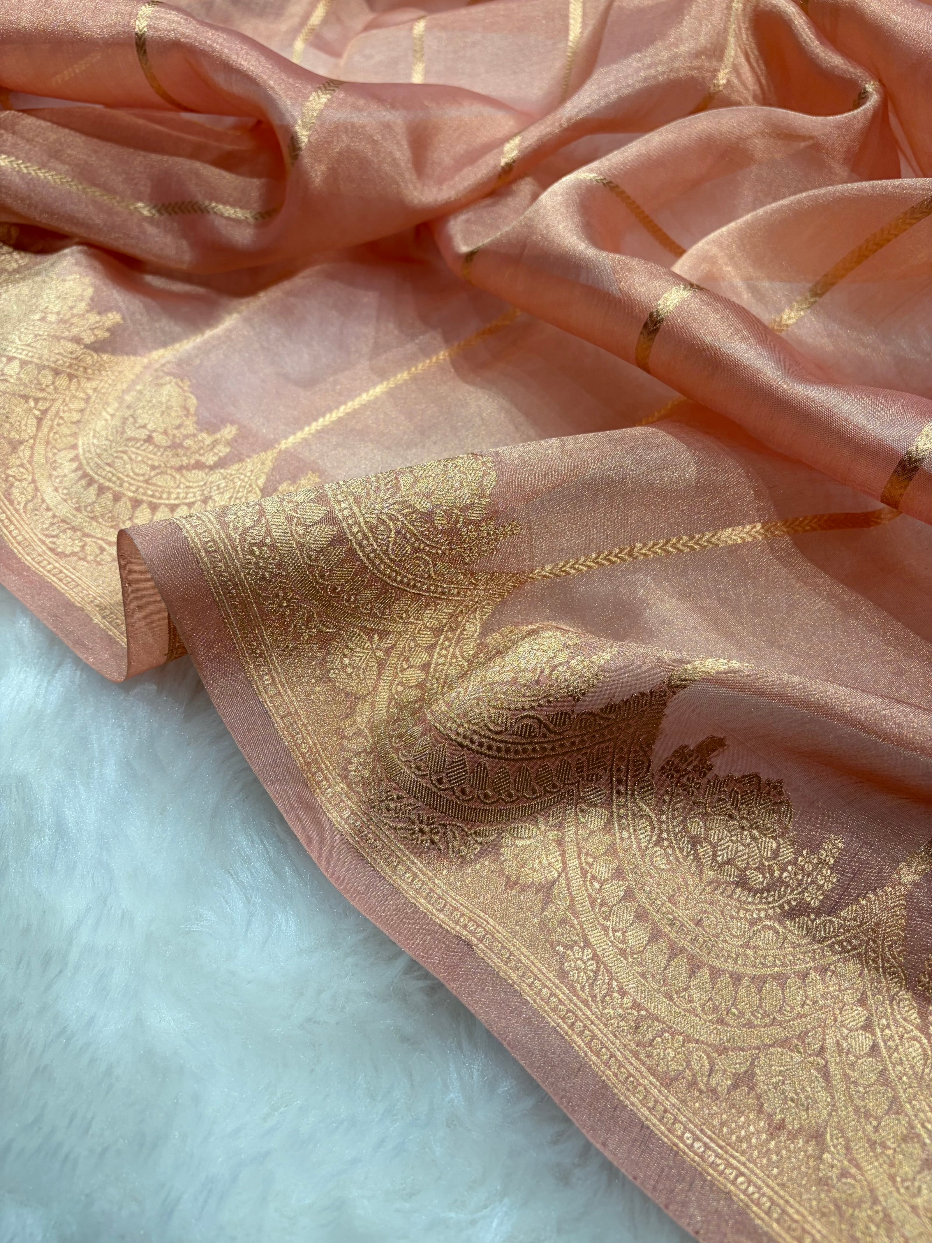 Peach Bananasi Floral Shades Pure Tissue Silk Saree PT-48