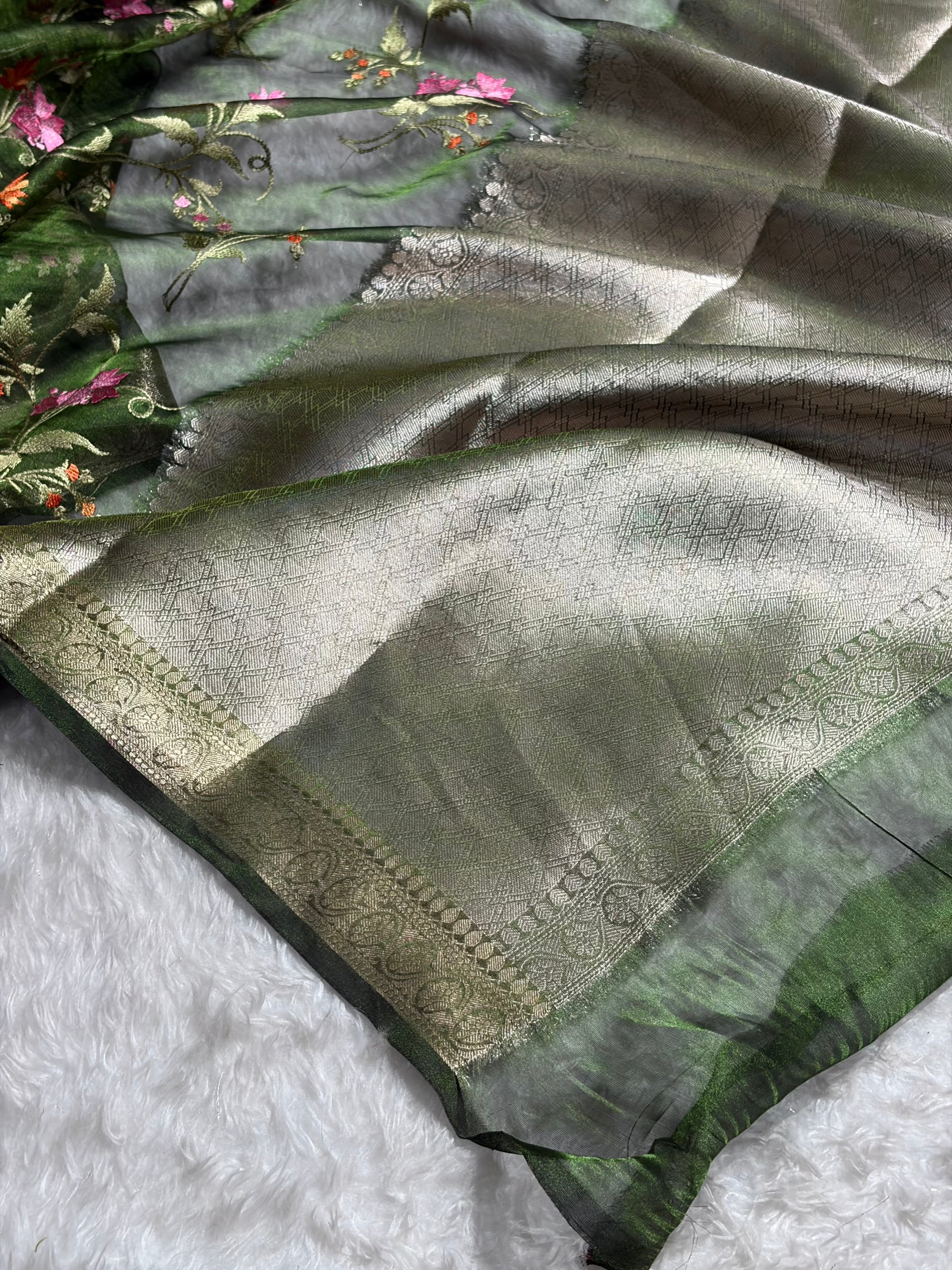 Bottle Green Shades With Floral Embroidered Pure Tissue Silk Saree with Brocade Blouse PTE-09