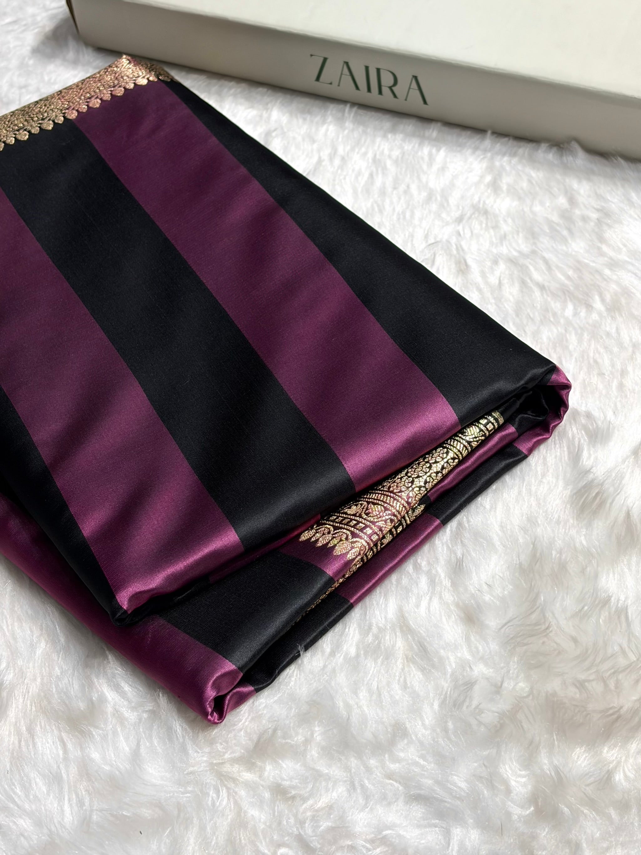 Rani With Black Horizontal Strips Floral Border & Brocket Blouse Mashru Silk Saree MSM-84