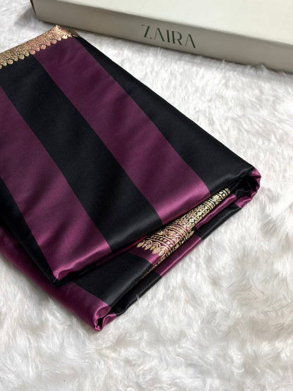 Rani With Black Horizontal Strips Floral Border & Brocket Blouse Mashru Silk Saree MSM-84