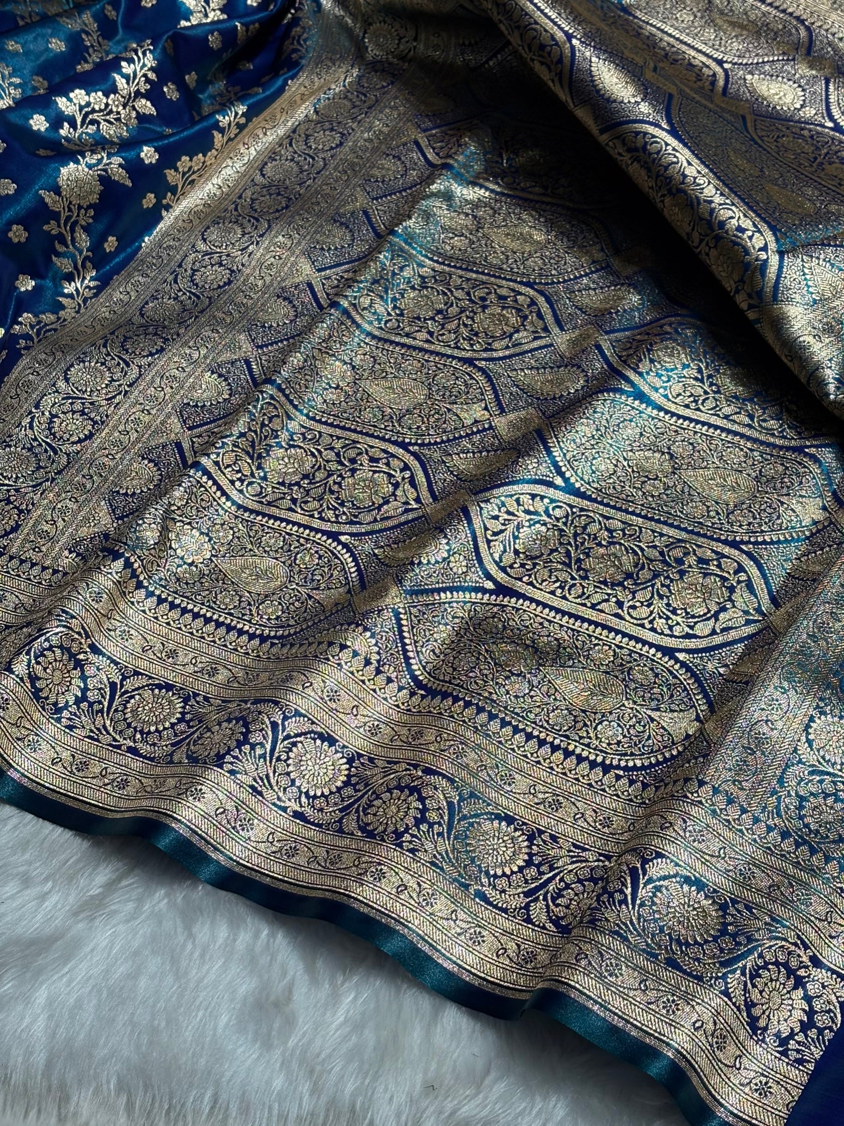 Satin Silk Saree Cross with Booti in Peacock Shades SS24