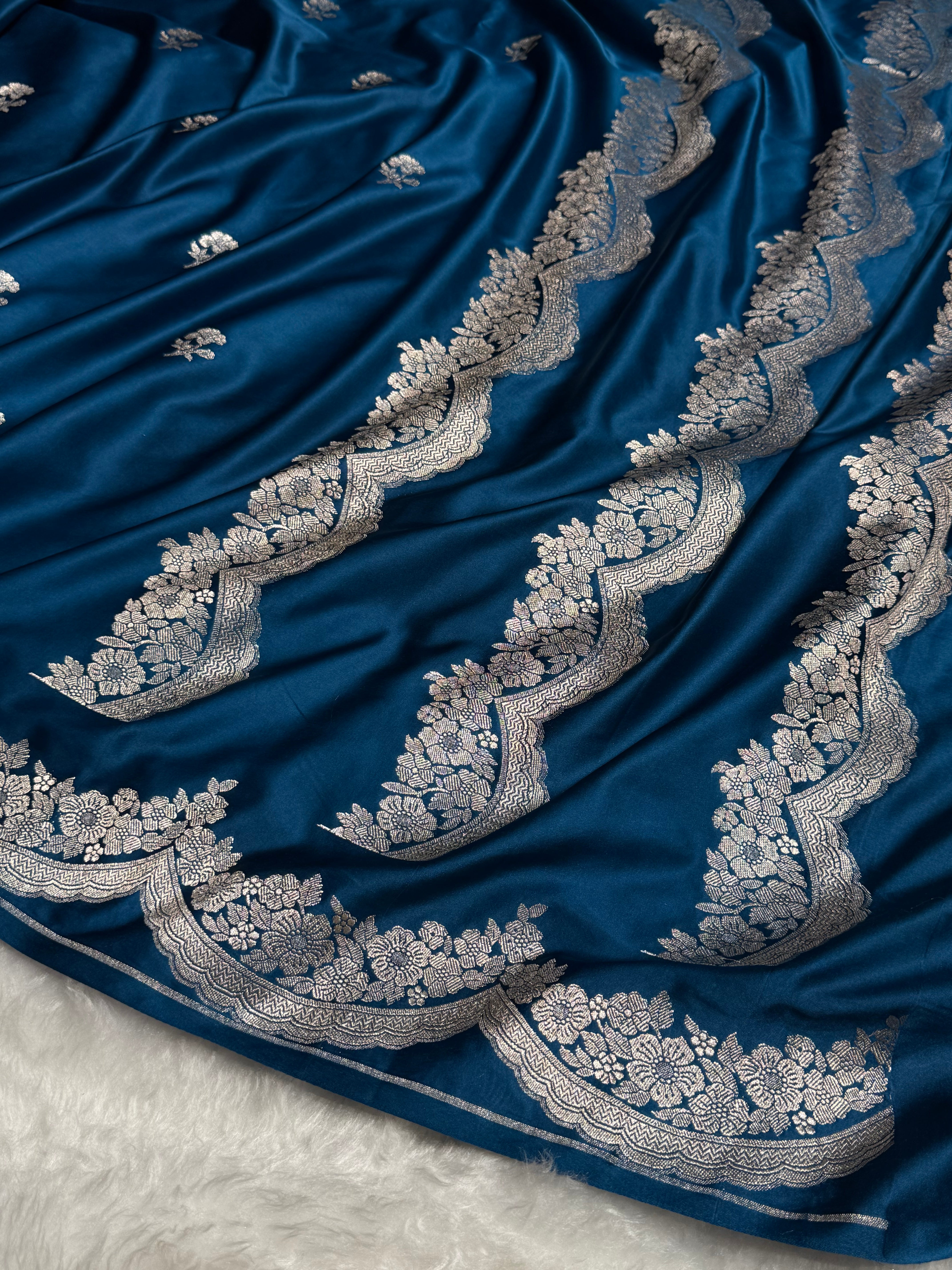 German Blue Shades Scallop Booti Mashru Silk Saree