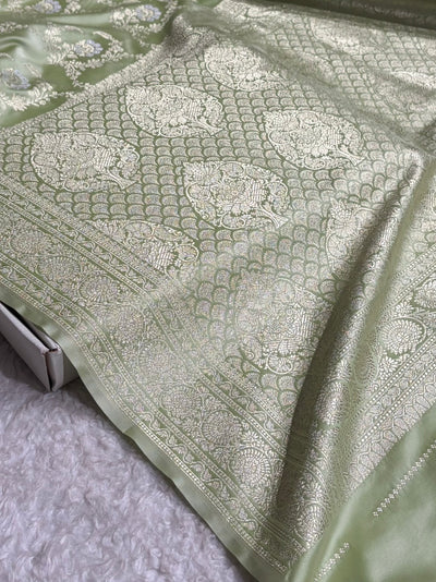 Banarasi Satin Katan Saree With Minakari Jaal Pattern in Pista Shades SK126