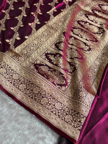 Wine Shades Cross Pattern Banarasi Satin Silk Saree SS50